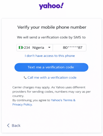 Yahoo phone number verification screen