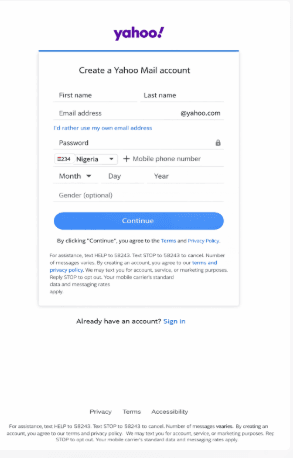 Yahoo Mail account registration form