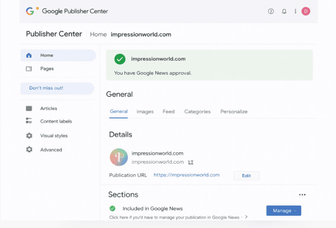 Google Publisher Center interface for adding a news publication