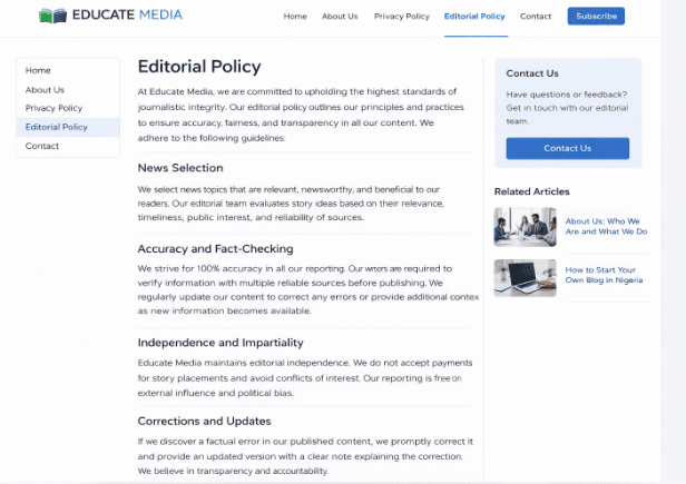 Editorial policy page for a news website