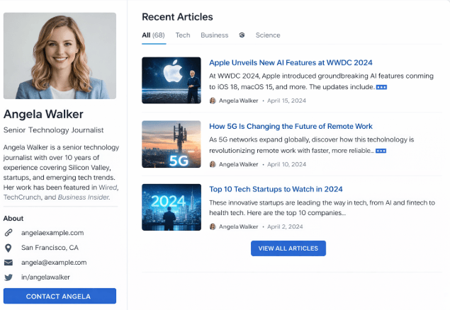 Author profile page showing journalist bio and credentials