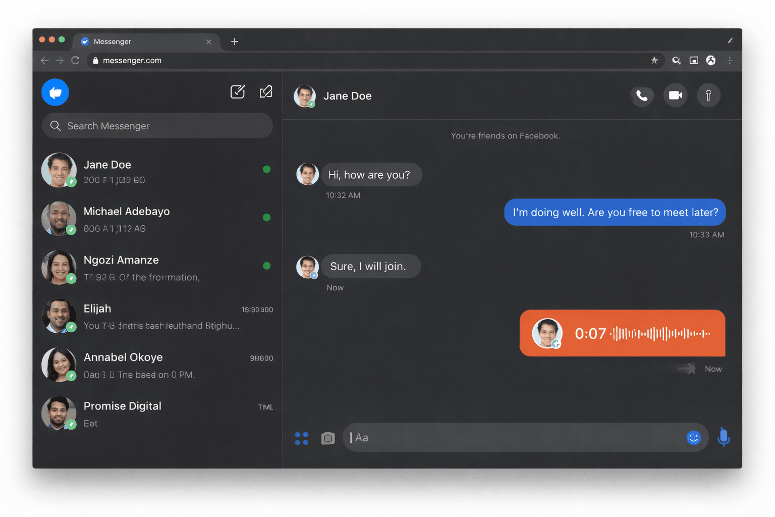 Messenger web interface voice message option