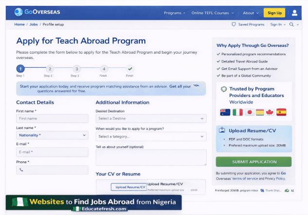 Go Overseas program listing – websites to find jobs abroad from Nigeria