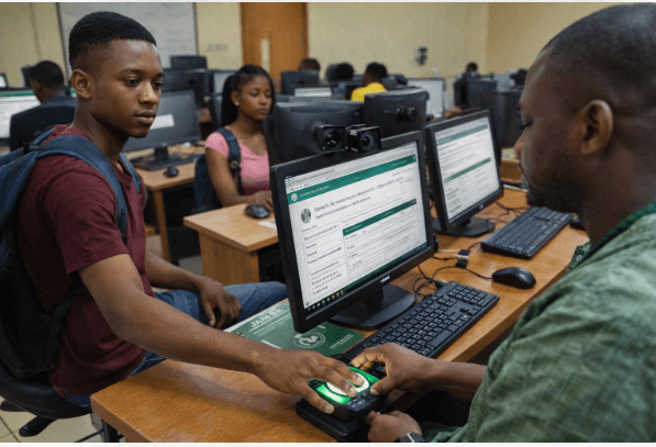 JAMB CBT centre registration environment in Nigeria showing biometric capture and computer lab setup