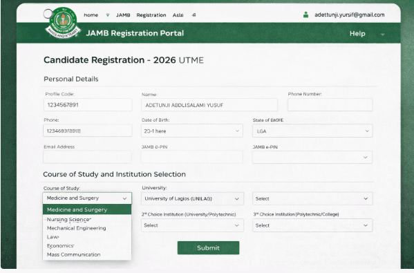JAMB registration portal interface showing candidate details and course selection page for UTME 2026 in Nigeria