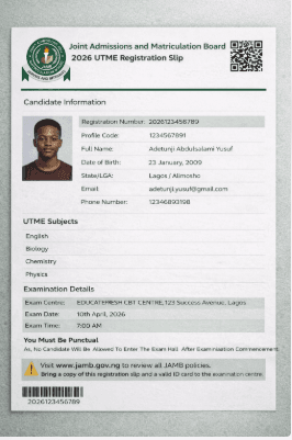 Sample JAMB 2026 UTME registration slip showing candidate information, subject combination, and exam centre details in Nigeria