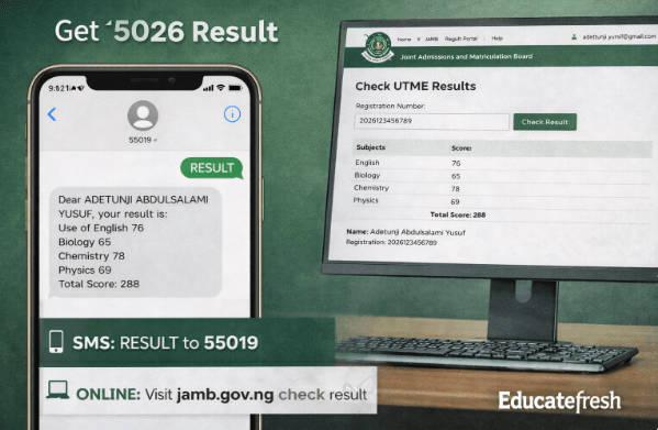 JAMB 2026 result checking via SMS RESULT to 55019 and online portal dashboard in Nigeria