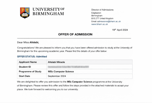 University admission offer letter