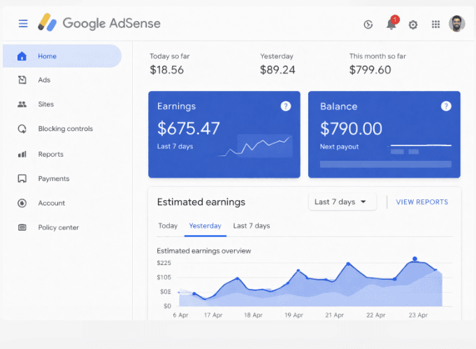 google adsense dashboard earnings overview
