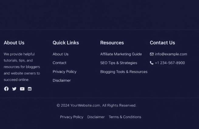 website footer privacy policy contact links