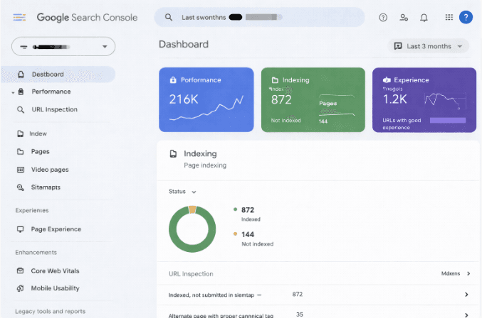 google search console indexing dashboard