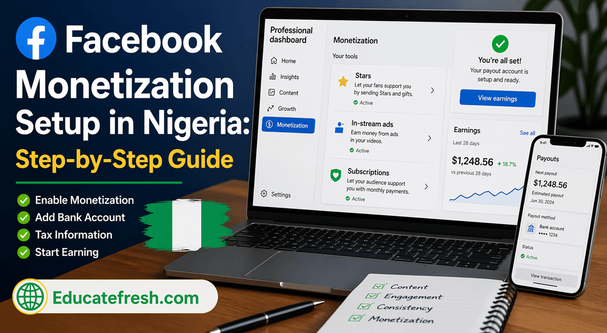 facebook monetization setup, monetize facebook page Nigeria, facebook stars setup, facebook payout Nigeria, earn from facebook 2026, facebook creator tools, facebook ads earnings, how to make money on facebook, facebook income guide, social media monetization Nigeria
